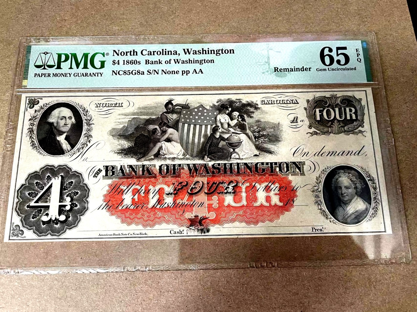 【Blue Auction】✨世界纸币精拍第375期【精】  【罕品 少见面值】美国 华盛顿银行1860年代 4美金 PMG65EPQ 绝品 华盛顿头像 印第安人与白人大融合场景 非常精美 值得收藏  