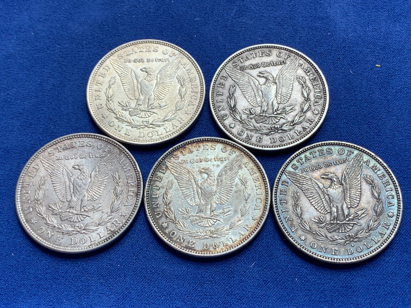 《竞宝斋》第201场-周日，周一 2场 (全场包邮) 5枚一组 美国 摩根银元 1880+1881+1882+1921两枚