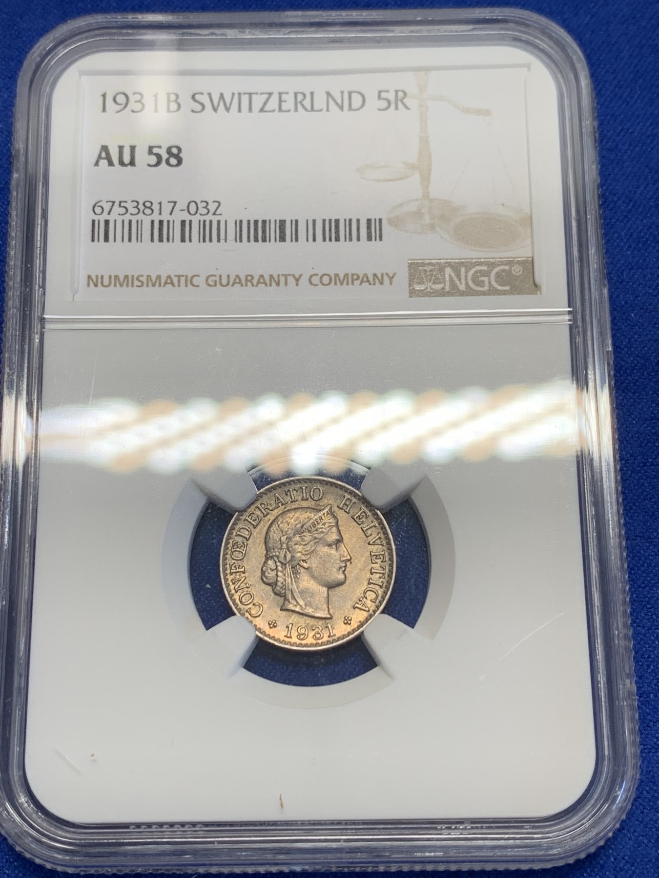 《竞宝斋》第201场-周日，周一 2场 (全场包邮) NGC-AU58 1931年瑞士早期5R，早期克书价格都比较高