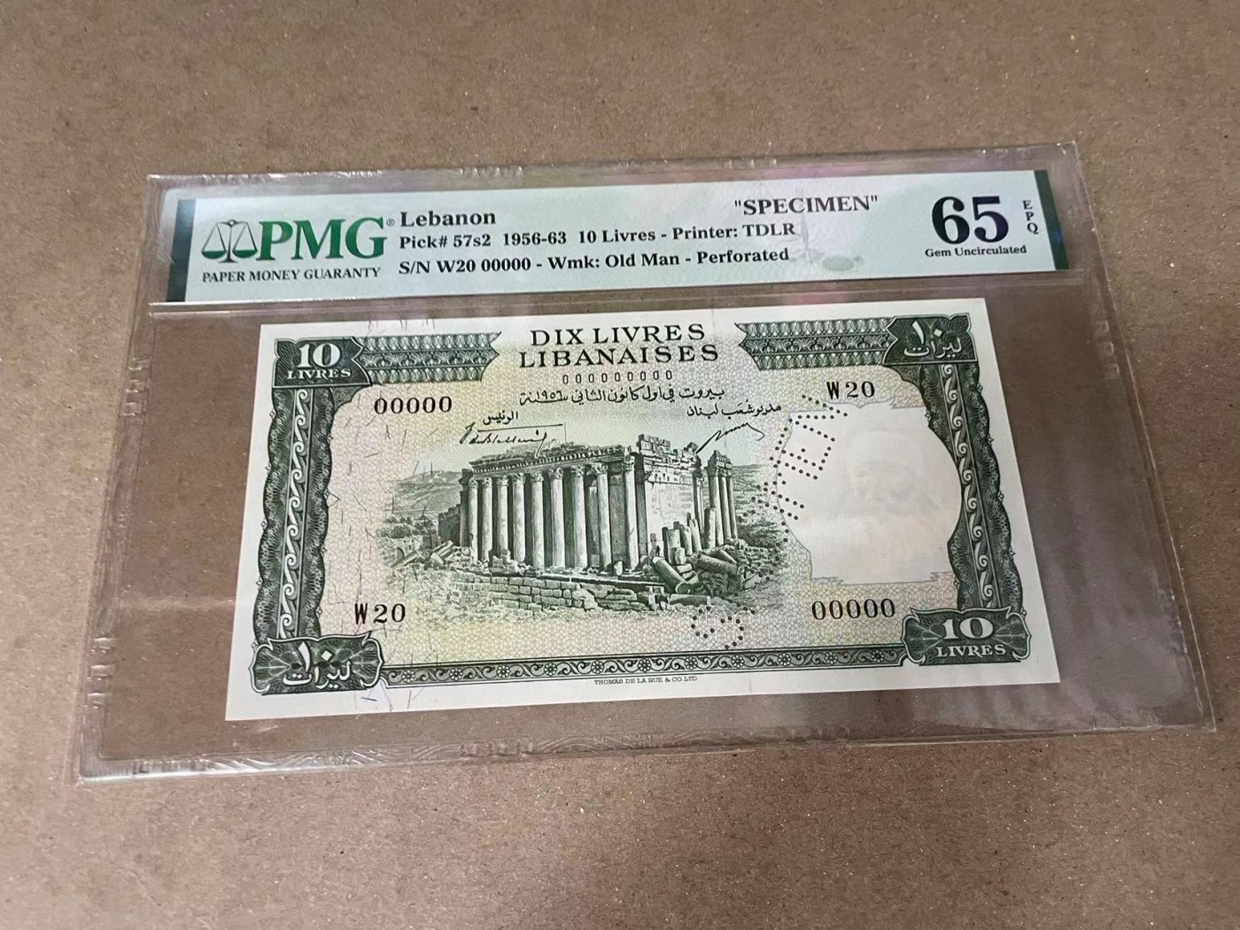 【Blue Auction】✨世界纸币精拍第375期【精】  【样钞】黎巴嫩早期 1956-63年 10里弗 PMG65EPQ 正面世界文化遗产巴勒贝克巴克斯神庙 背面风景唯美 