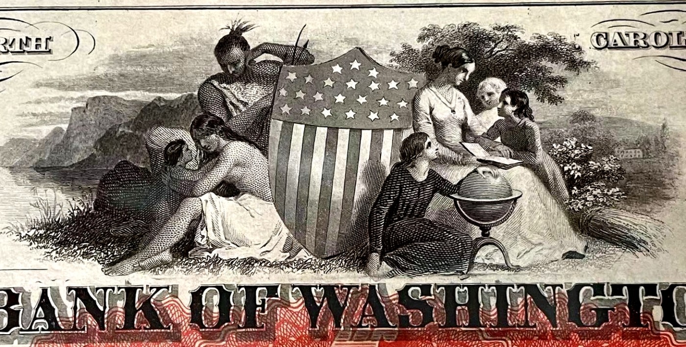 【Blue Auction】✨世界纸币精拍第375期【精】  【罕品 少见面值】美国 华盛顿银行1860年代 4美金 PMG65EPQ 绝品 华盛顿头像 印第安人与白人大融合场景 非常精美 值得收藏  