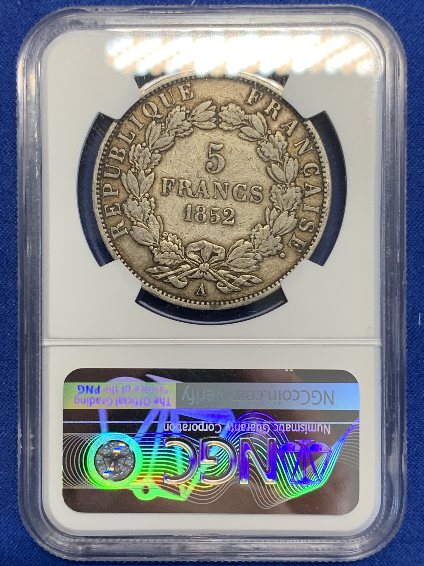 《竞宝斋》第201场-周日，周一 2场 (全场包邮) NGC-VF35 法国1852年拿破仑5法郎银币，小头版本，低评了