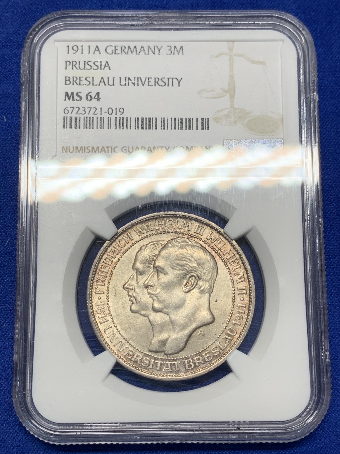 《竞宝斋》第201场-周日，周一 2场 (全场包邮) NGC-MS64 德国普鲁士 1911年 布雷斯劳大学 3马克银币 BU品质