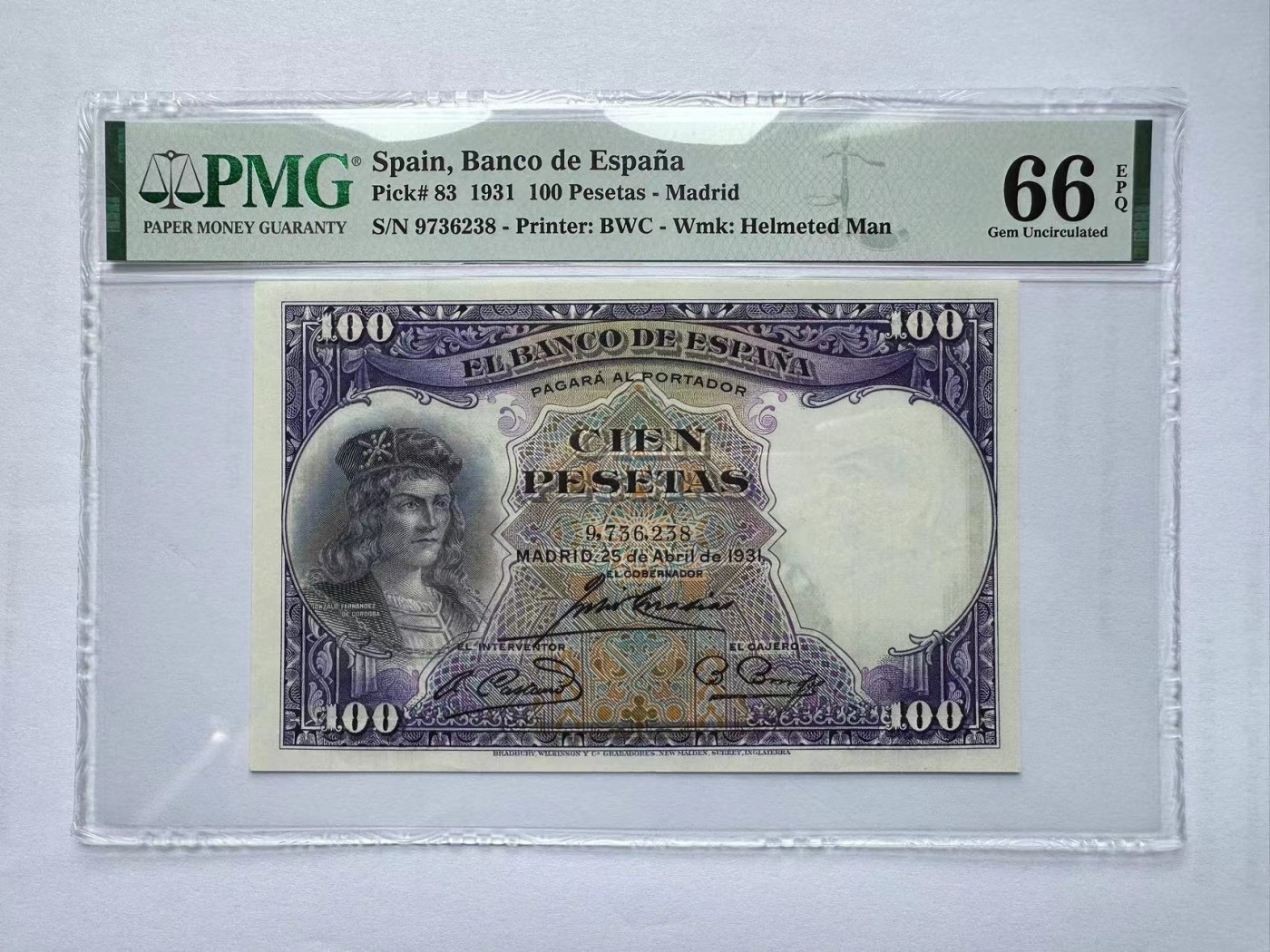 【Blue Auction】✨世界纸币精拍第375期【精】 西班牙 1931年100比塞塔 PMG66EPQ 