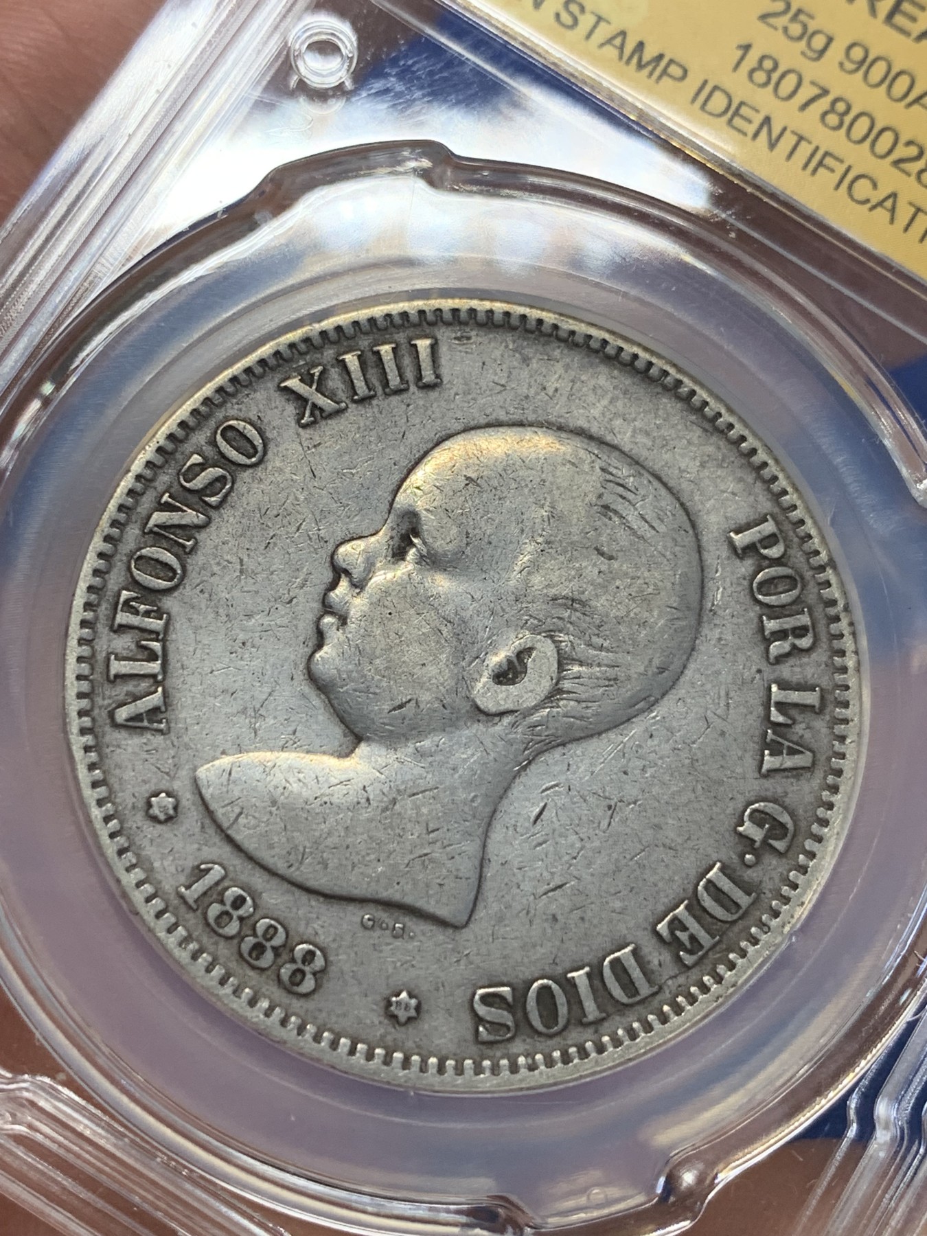 《竞宝斋》第201场-周日，周一 2场 (全场包邮) CSIS-VF35 西班牙1888年 阿方索十三世 5比塞塔双柱大银币 吉祥年份