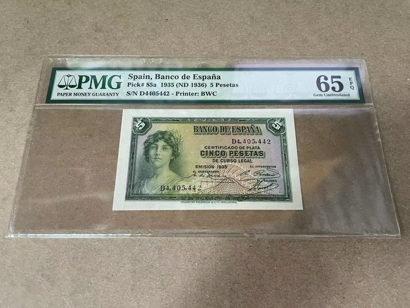 【Blue Auction】✨世界纸币精拍第375期【精】 西班牙 1935年5比塞塔 PMG65EPQ 