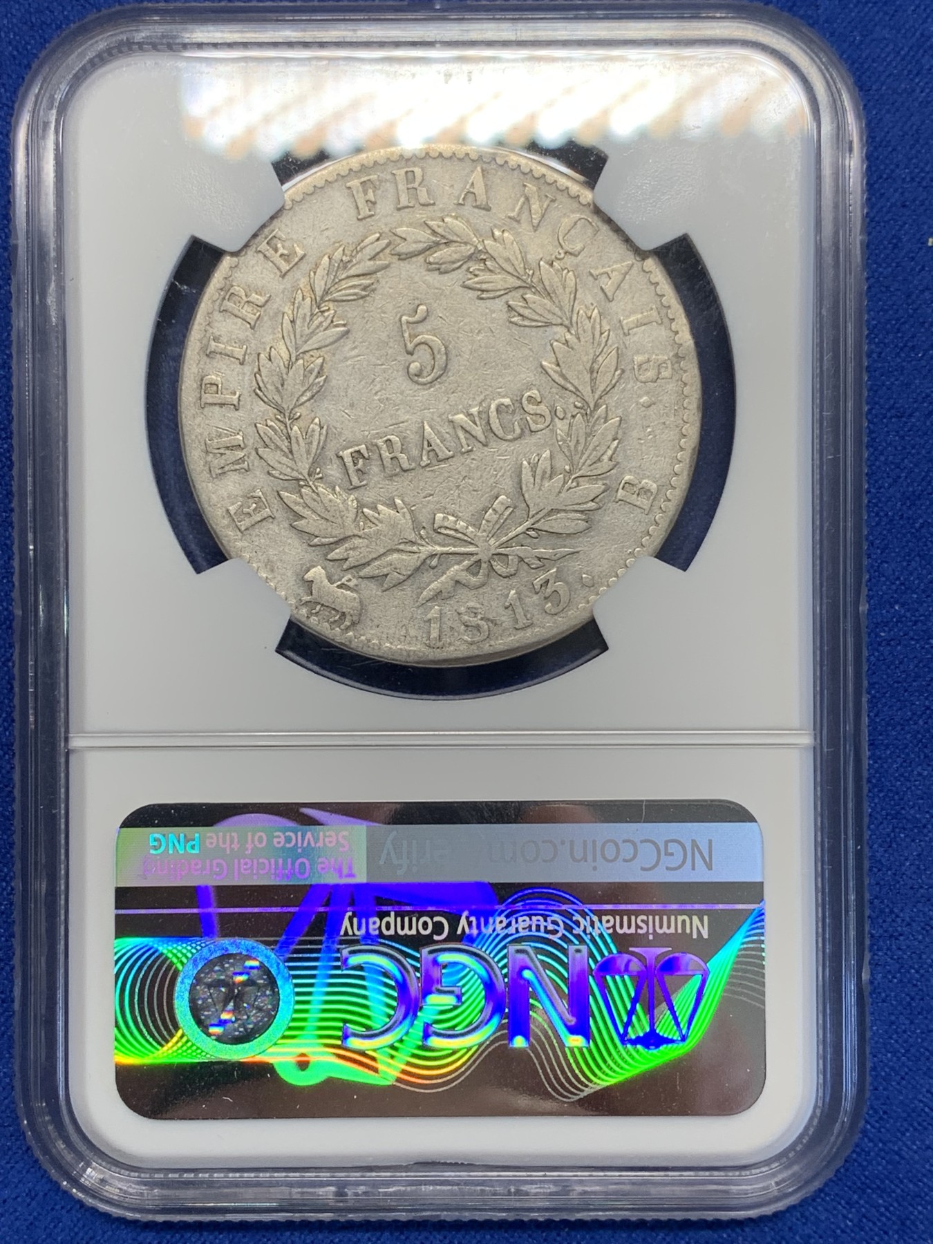 《竞宝斋》第201场-周日，周一 2场 (全场包邮) NGC VF 法国 1813B厂 金叶桂冠 拿破仑 5法郎银币 少见厂别和年份