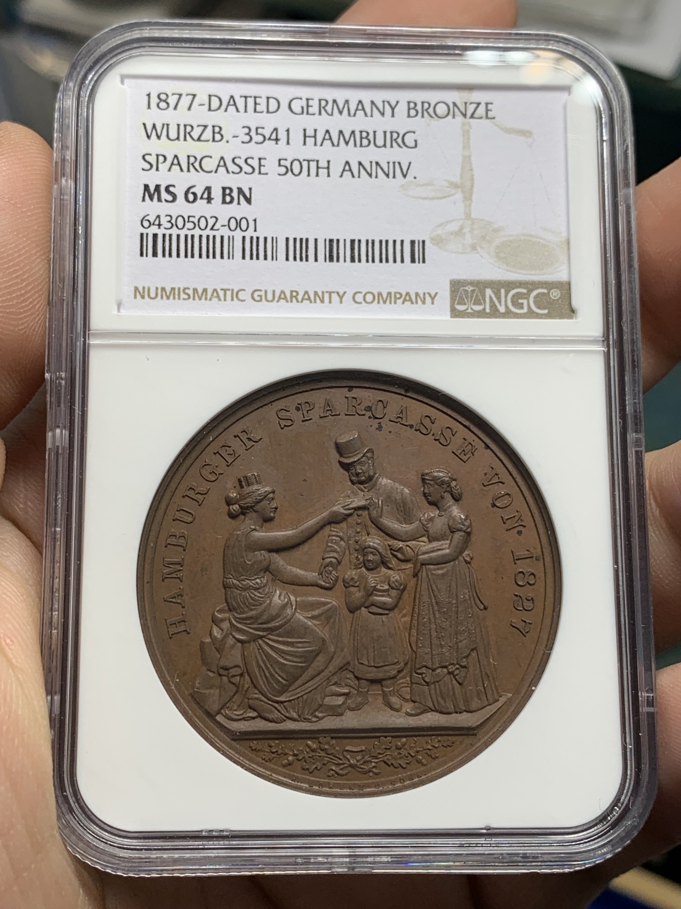 《竞宝斋》第201场-周日，周一 2场 (全场包邮) NGC MS64 德国1877年汉堡50周年纪念铜章 巧克力色 加厚盒装