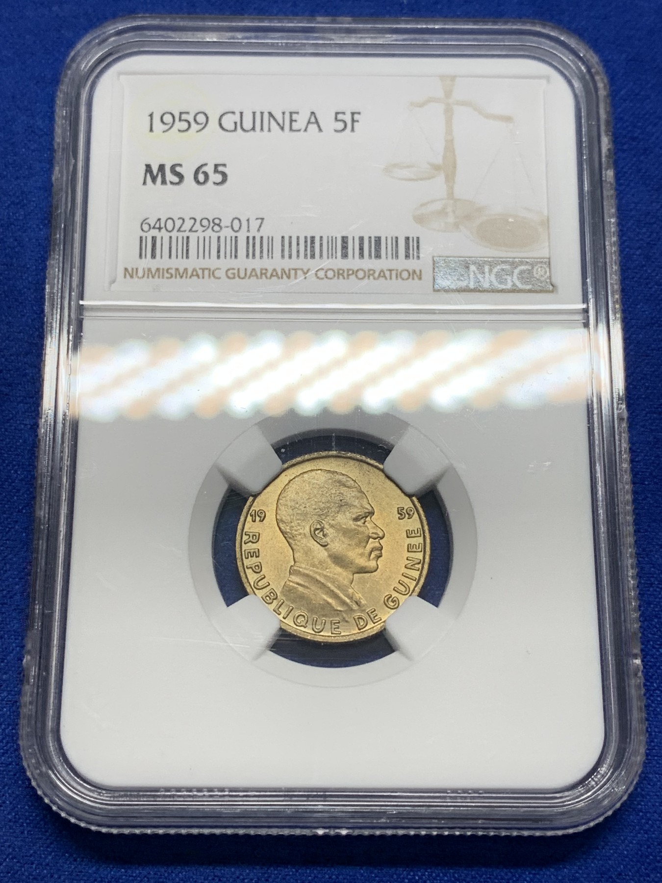《竞宝斋》第201场-周日，周一 2场 (全场包邮) NGC  MS65   1959年几内亚5法郎 首套币品种