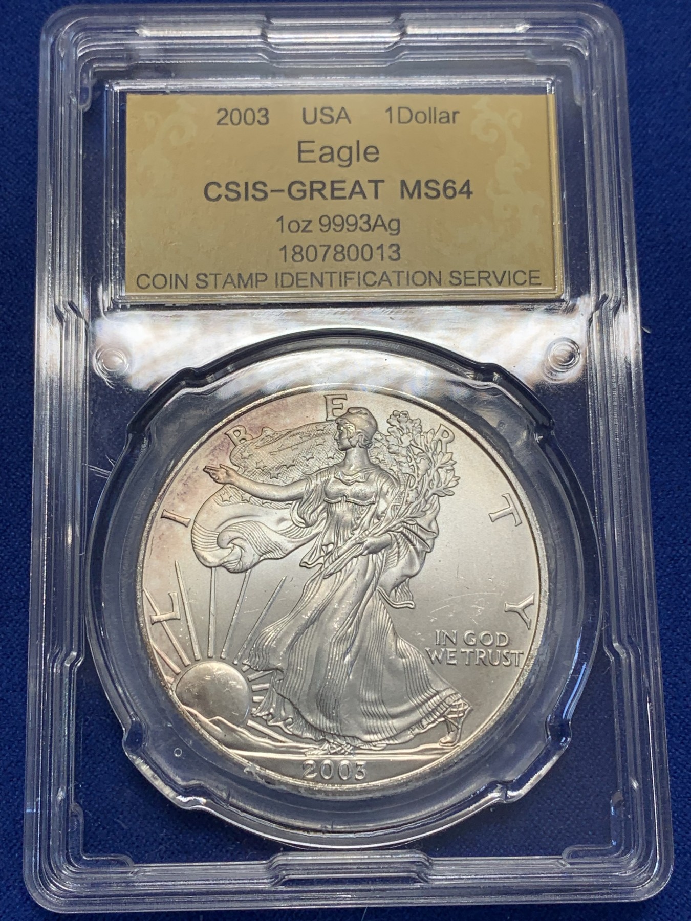 《竞宝斋》第201场-周日，周一 2场 (全场包邮) CSIS-MS64 美国 2003 行走女神1美元银币 31.1克 999银
