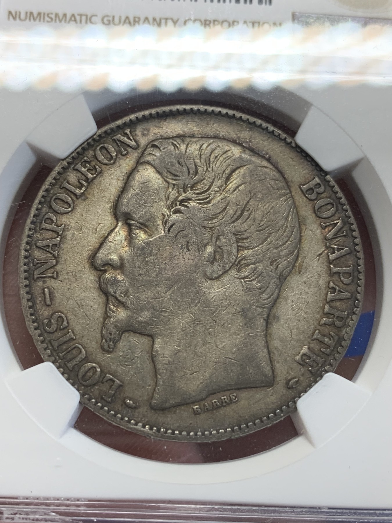 《竞宝斋》第201场-周日，周一 2场 (全场包邮) NGC-VF35 法国1852年拿破仑5法郎银币，小头版本，低评了