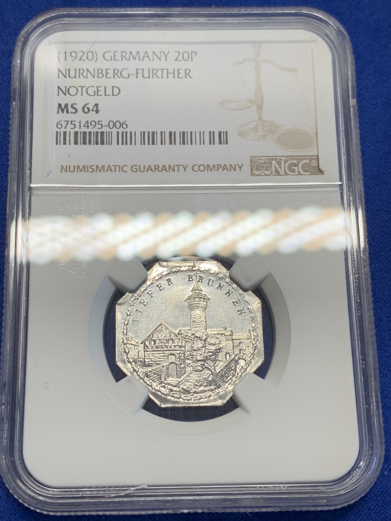 《竞宝斋》第201场-周日，周一 2场 (全场包邮) NGC-MS64 1920年德国紧急状态时期纽伦堡20芬尼