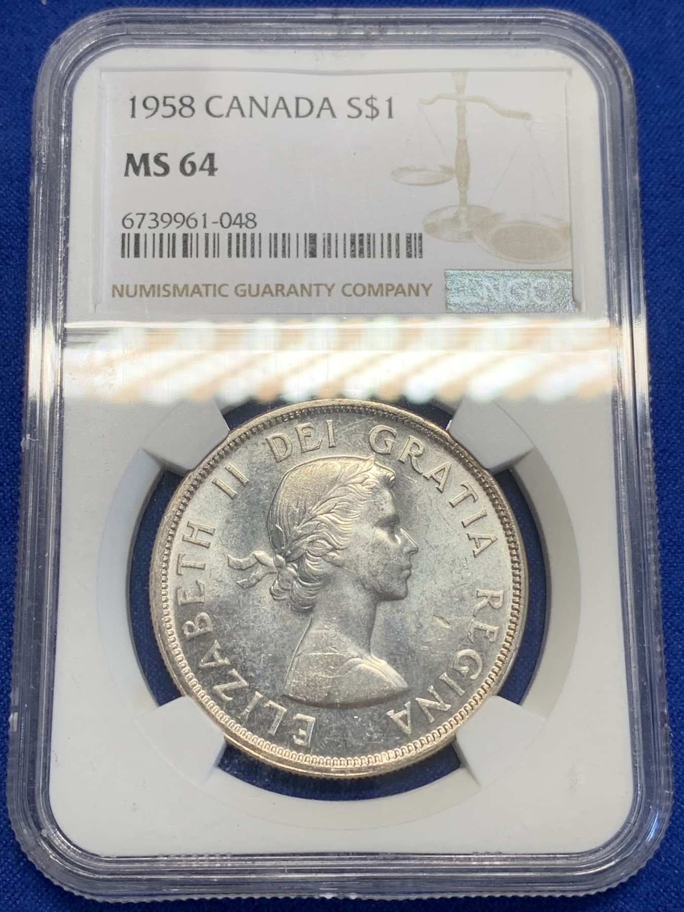 《竞宝斋》第201场-周日，周一 2场 (全场包邮) NGC MS64 1958年 加拿大 哥伦比亚百年纪念1元银币 高银版