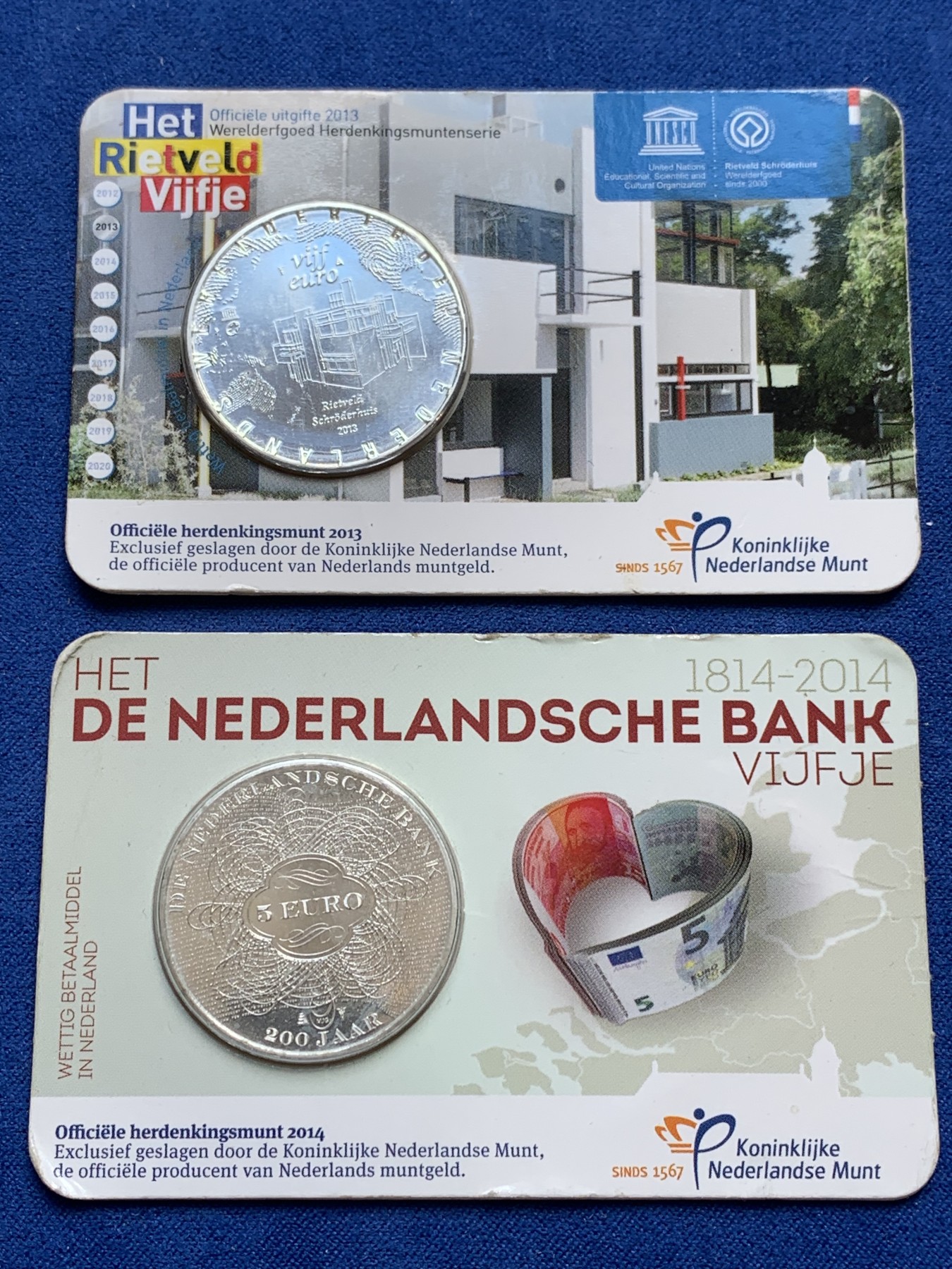 《竞宝斋》第201场-周日，周一 2场 (全场包邮) 荷兰5欧元镀银纪念卡币2枚 面值10欧元，卡有开裂