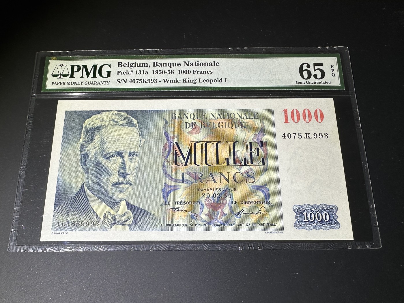 【Blue Auction】✨世界纸币精拍第375期【精】  【无47】比利时 1951年1000法郎 船长 PMG65EPQ 绝品 法属风