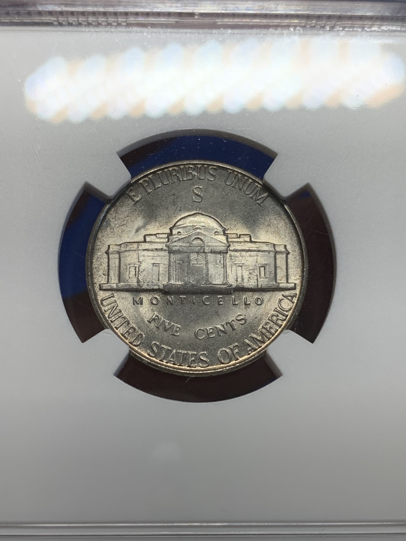 《竞宝斋》第201场-周日，周一 2场 (全场包邮) NGC-MS64 美国 杰弗逊 1945年 战时5美分 低银版（仅1942-1945年含银，其余皆为镍币）