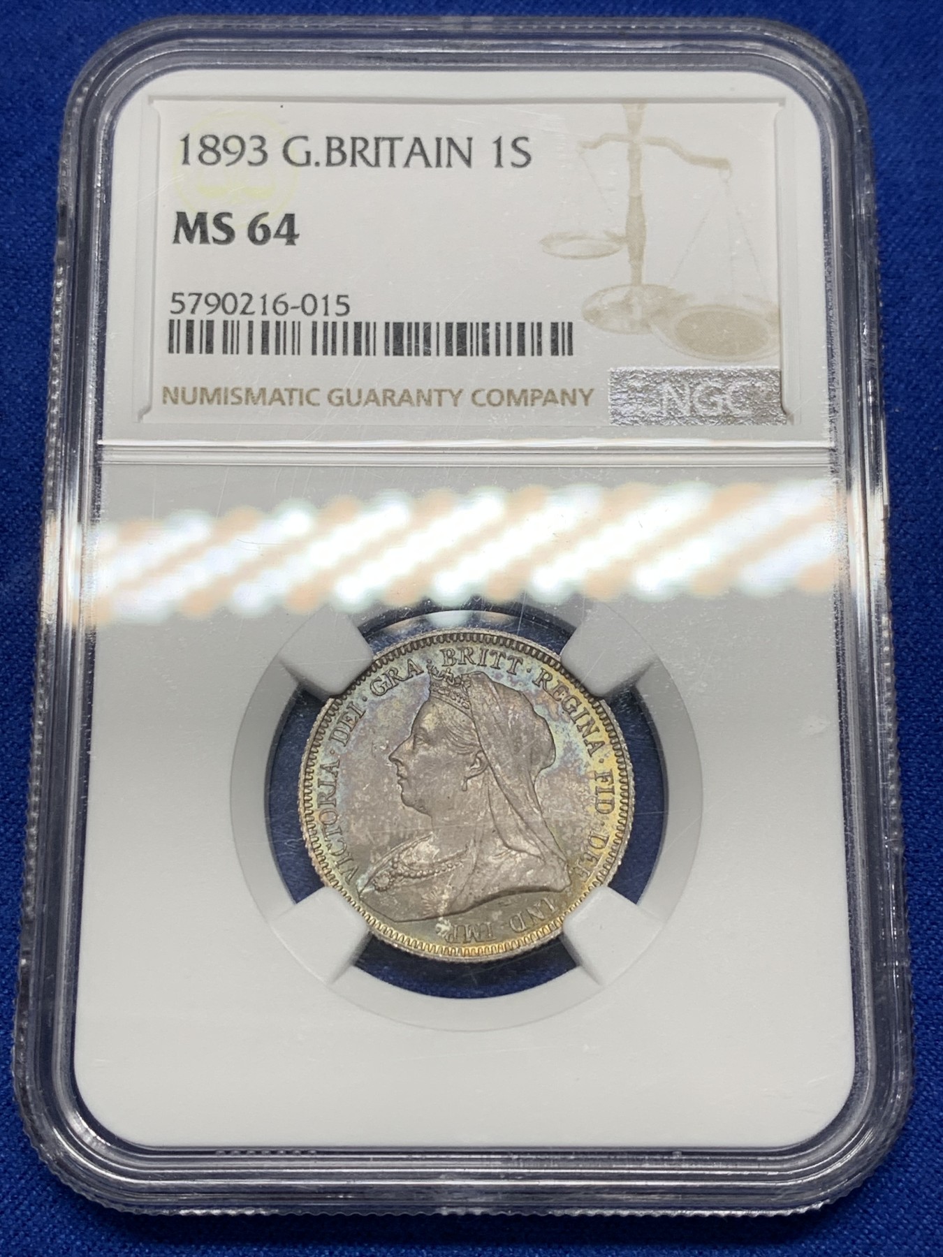 《竞宝斋》第201场-周日，周一 2场 (全场包邮) NGC MS64 英国1893年 维多利亚 披纱版1先令 欧洲包浆 细节到位