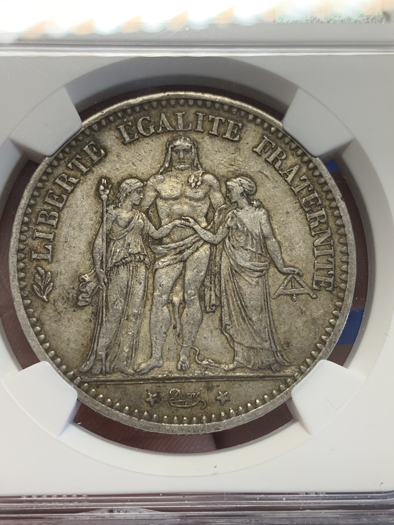 《竞宝斋》第201场-周日，周一 2场 (全场包邮) NGC AU50 法国 1874 K版 大力神 5法郎银币 原味包浆 状态不错