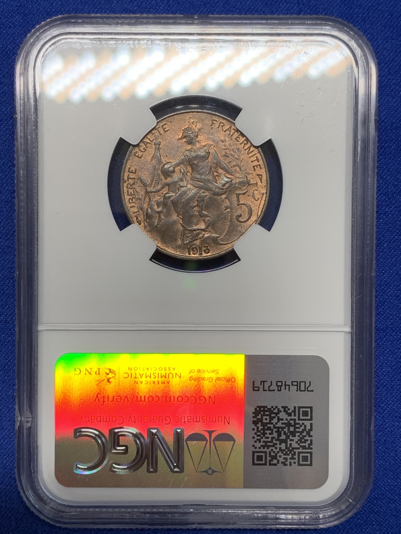 《竞宝斋》第201场-周日，周一 2场 (全场包邮) NGC MS63BN 法国 1913 5分铜币 少见版别