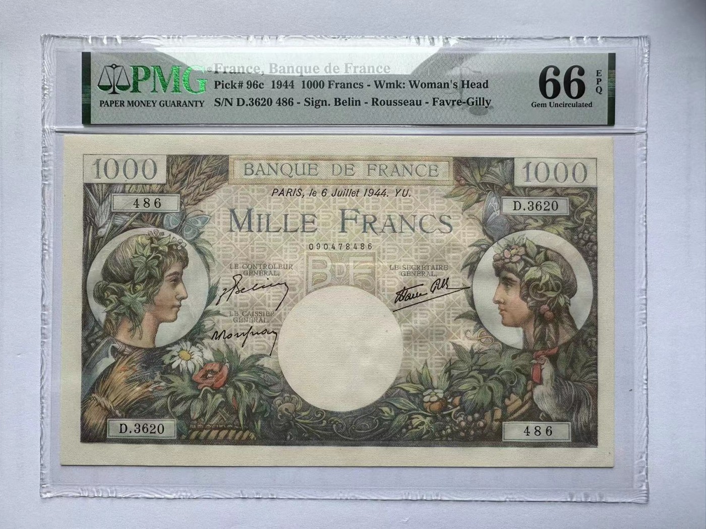 【Blue Auction】✨世界纸币精拍第375期【精】 法国 1944年1000法郎 PMG66EPQ 大票幅