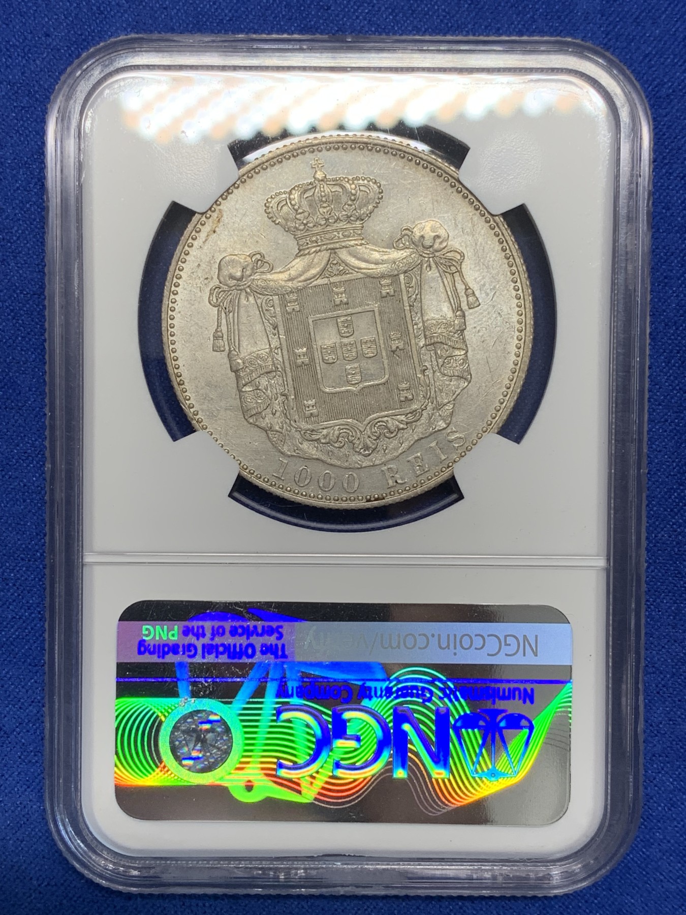 《竞宝斋》第201场-周日，周一 2场 (全场包邮) NGC MS62 葡萄牙1899年卡洛斯一世头像1000瑞斯银币， 状态出色