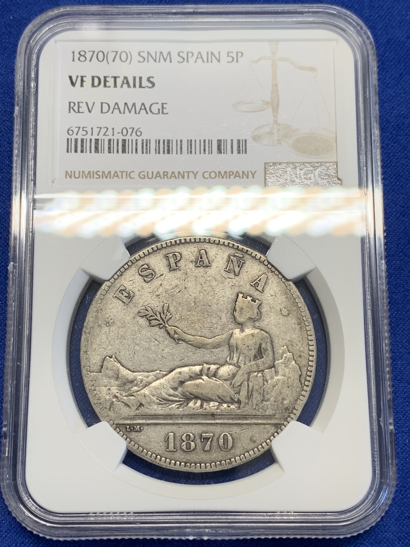 《竞宝斋》第201场-周日，周一 2场 (全场包邮) NGC VF  1870年 西班牙 拿花 5比塞塔银币