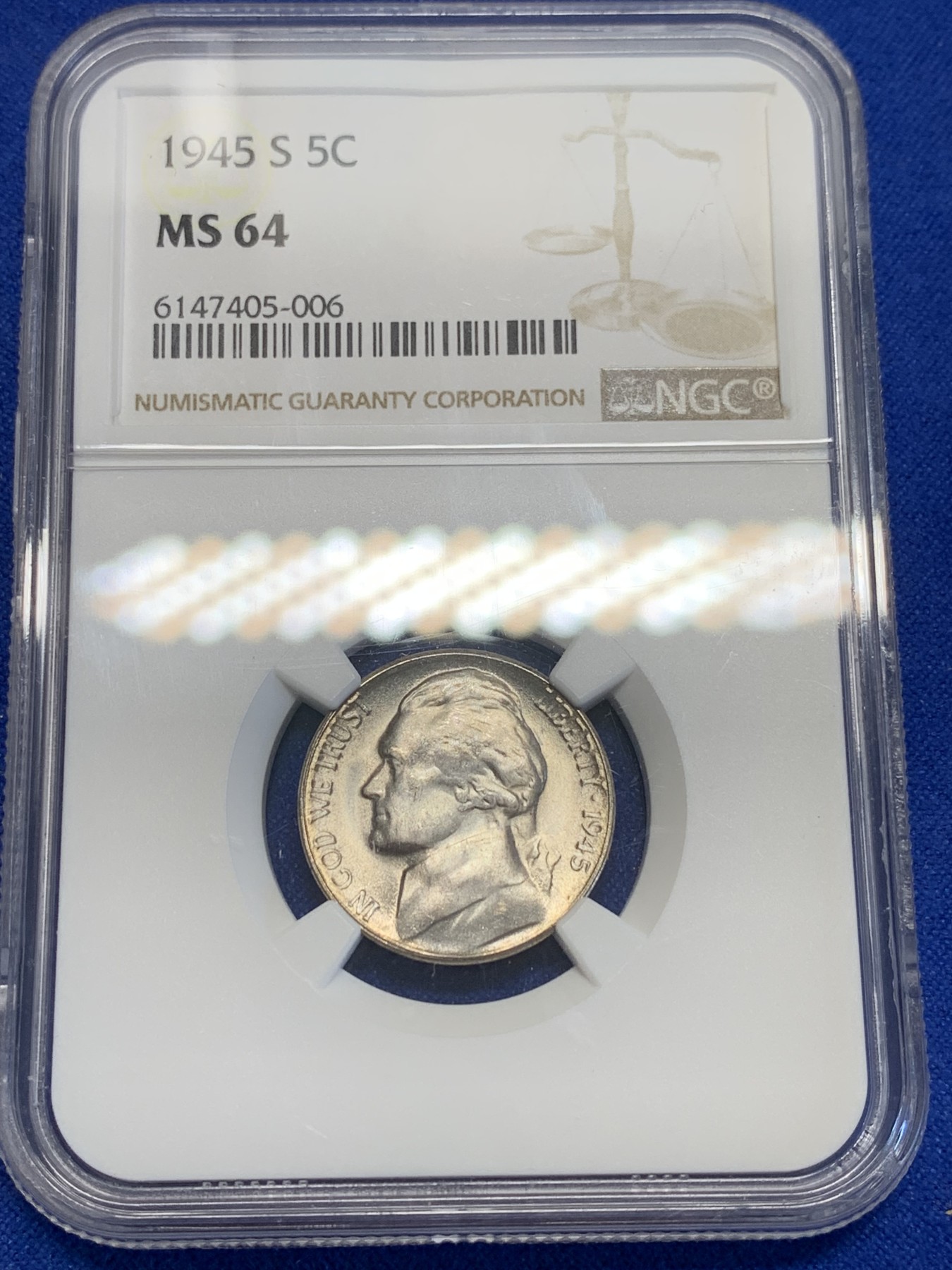 《竞宝斋》第201场-周日，周一 2场 (全场包邮) NGC-MS64 美国 杰弗逊 1945年 战时5美分 低银版（仅1942-1945年含银，其余皆为镍币）