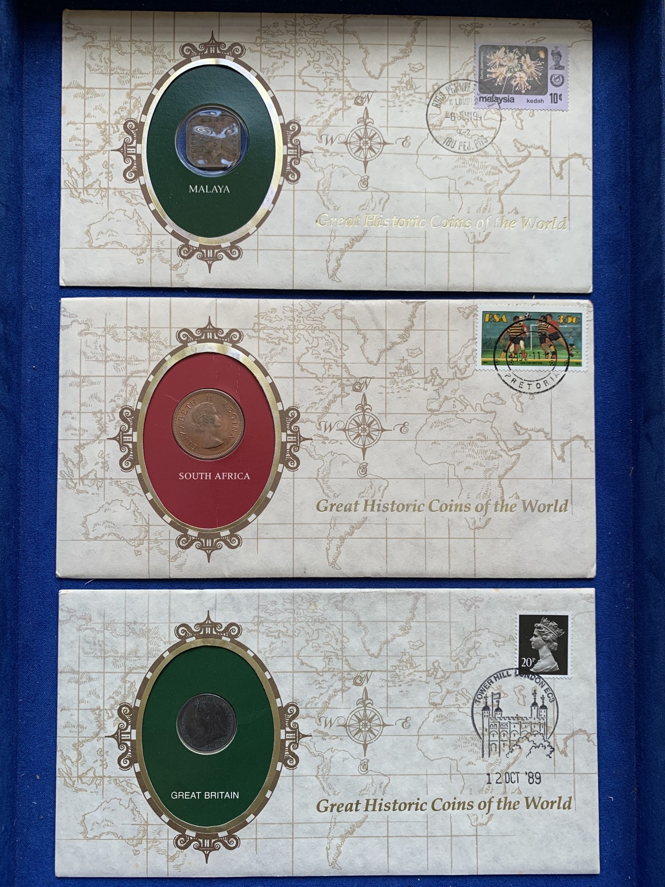 《竞宝斋》第201场-周日，周一 2场 (全场包邮) 6枚一组 富兰克林伟大历史钱币系列邮币封 英联邦6套铜币 英国，加拿大，马来西亚，印度，南非，法国