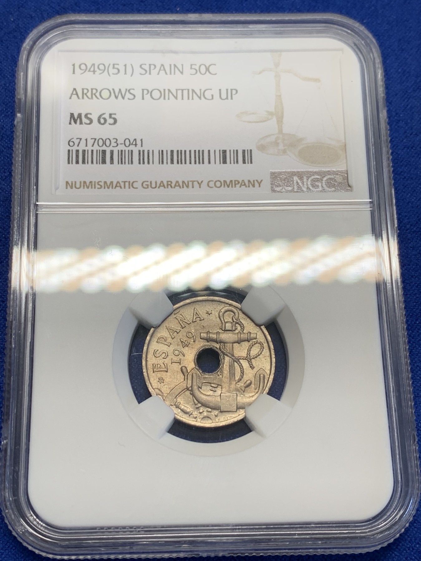 《竞宝斋》第201场-周日，周一 2场 (全场包邮) NGC MS65 西班牙 1949(51)  海锚 50分 高分少见