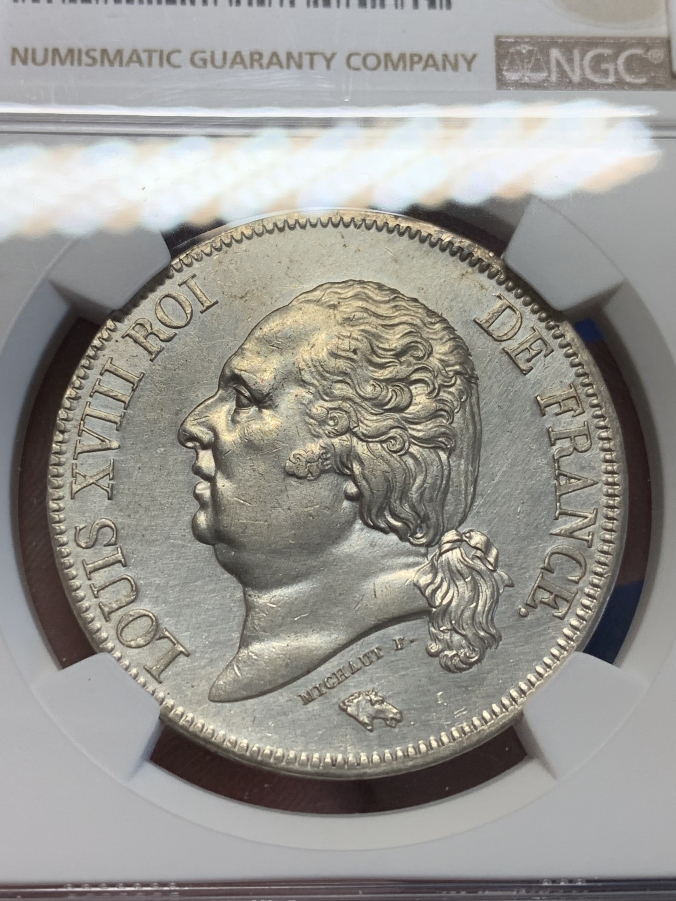 《竞宝斋》第201场-周日，周一 2场 (全场包邮) NGC UNCD 法国 1824年路易十八5法郎银币 底板干净品佳