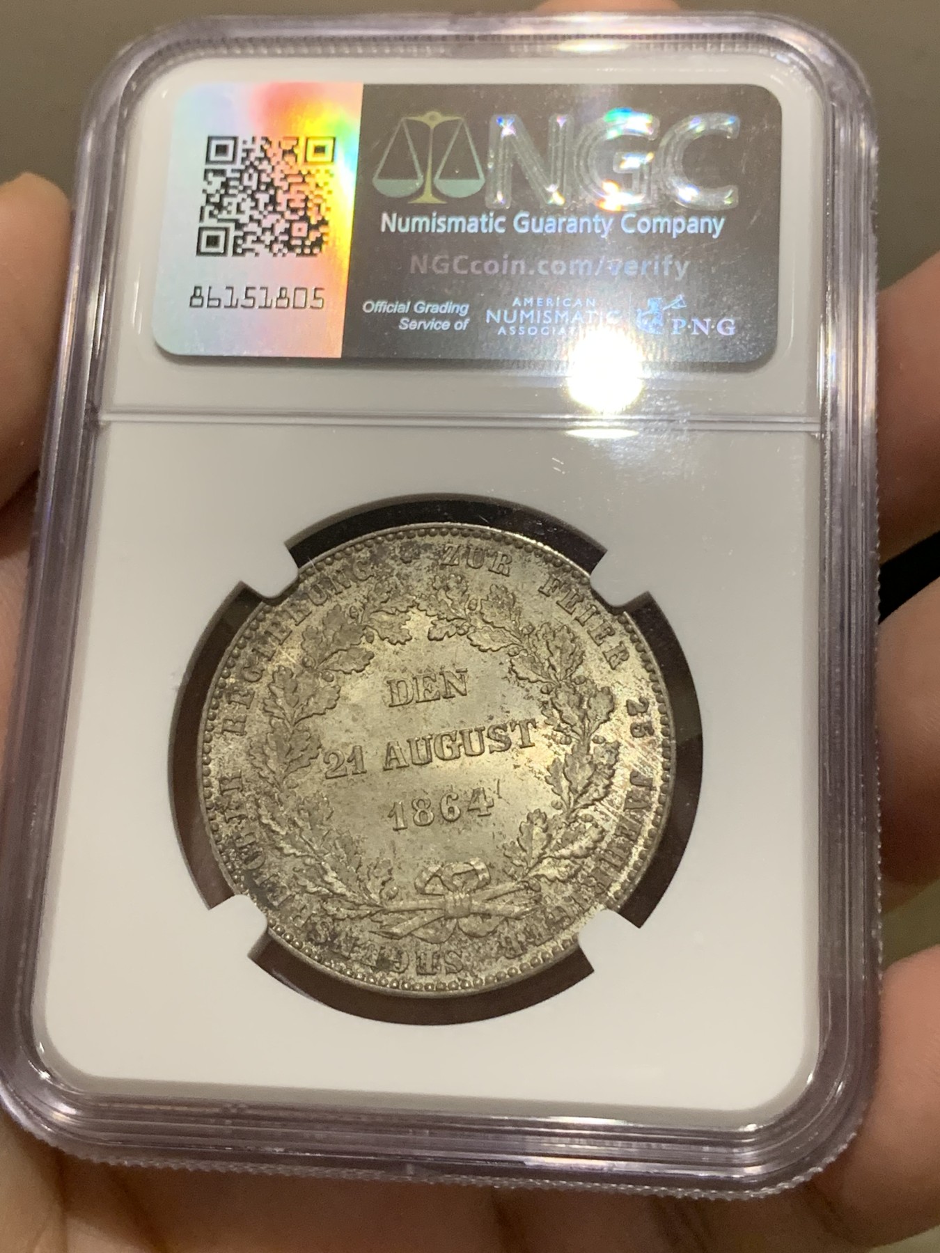《竞宝斋》第201场-周日，周一 2场 (全场包邮) NGC MS65 德国 拿骚 1864年1泰勒 极其富有特色且少见品种 MS65高分状态太难得