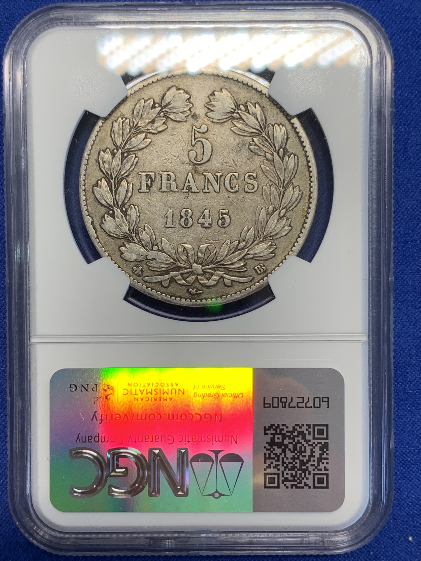 《竞宝斋》第201场-周日，周一 2场 (全场包邮) NGC VF35 法国 1845 BB版 菲利普 5法郎 银币 少见版本