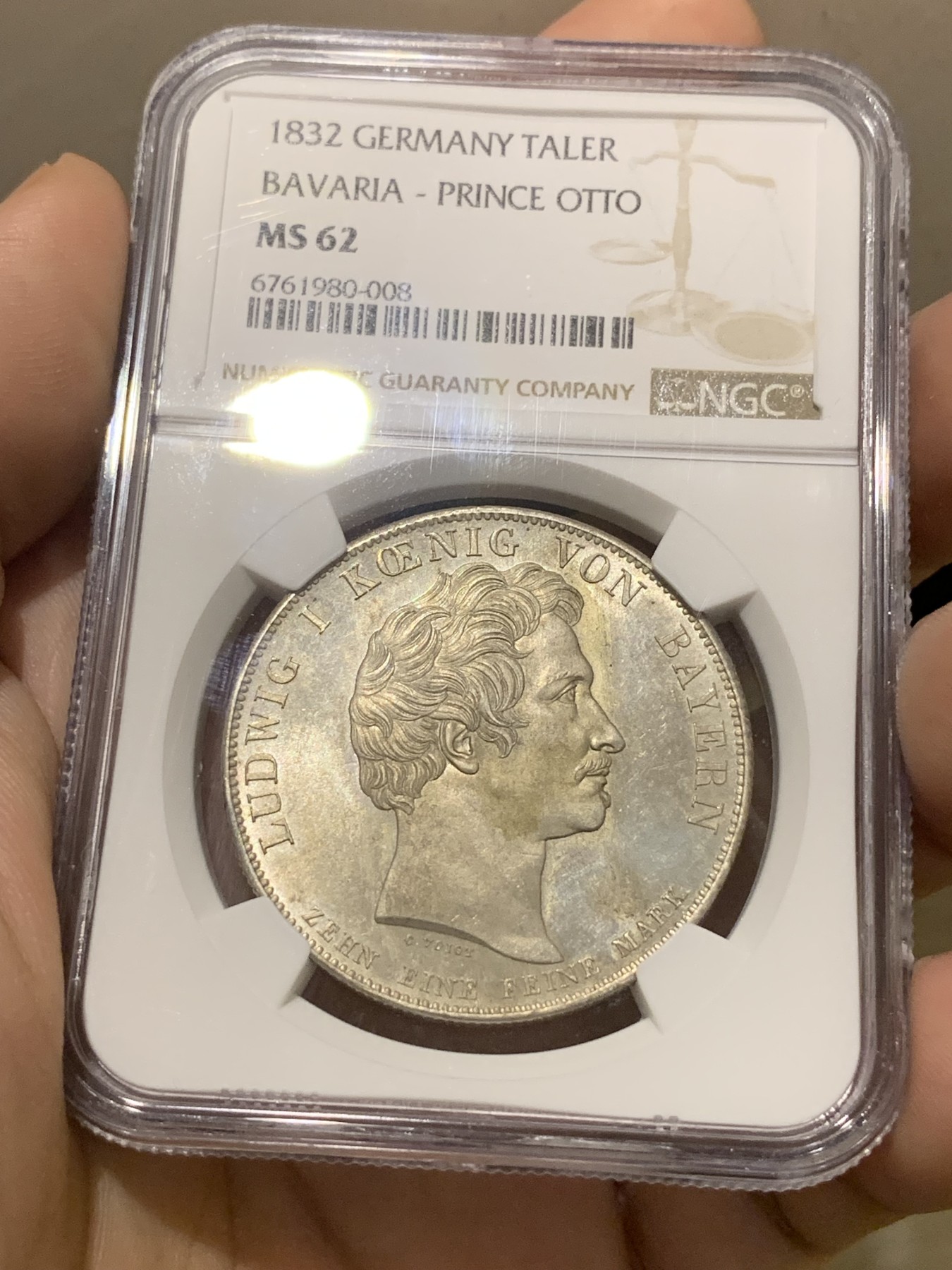 《竞宝斋》第201场-周日，周一 2场 (全场包邮) NGC MS62 德国 巴伐利亚 1832 路德维希一世 希腊国王 加冕纪念 协议泰勒大银币 非常少见的品种