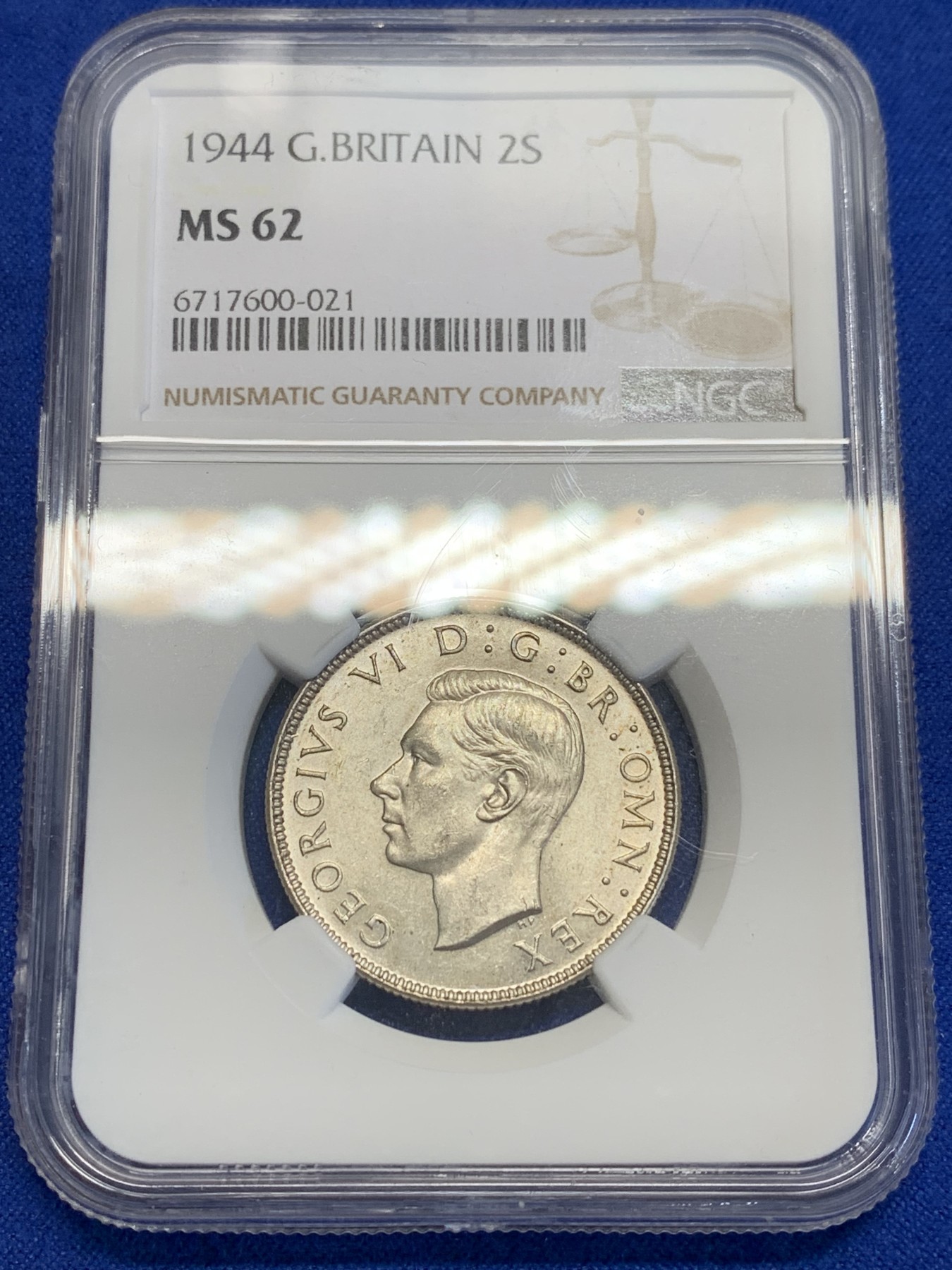 《竞宝斋》第201场-周日，周一 2场 (全场包邮) NGC MS62 英国  乔治六世 1944年 1福林银币 状态好