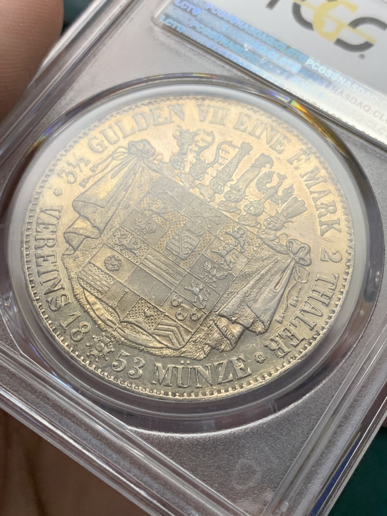 《竞宝斋》第201场-周日，周一 2场 (全场包邮) PCGS AU55 德国 1853年 萨克森-梅宁根公国 2泰勒 窗帘大银币 37克大规格 发行量只有20994枚 对于流通泰勒来说 太稀少 也就发行量2年 梅宁根必备品