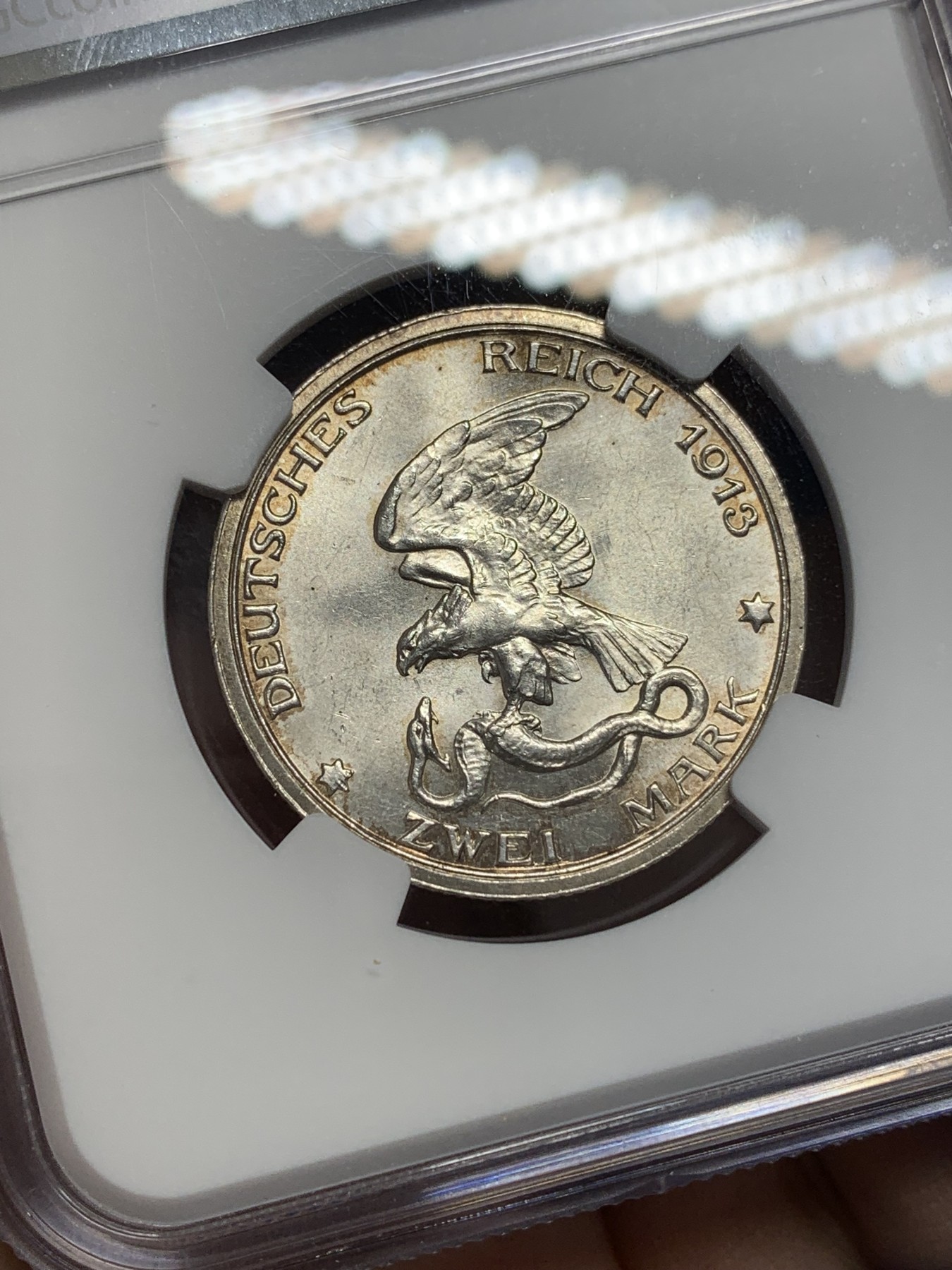 《竞宝斋》第201场-周日，周一 2场 (全场包邮) NGC MS64  1913年德国普鲁士战胜拿破仑2马克银币