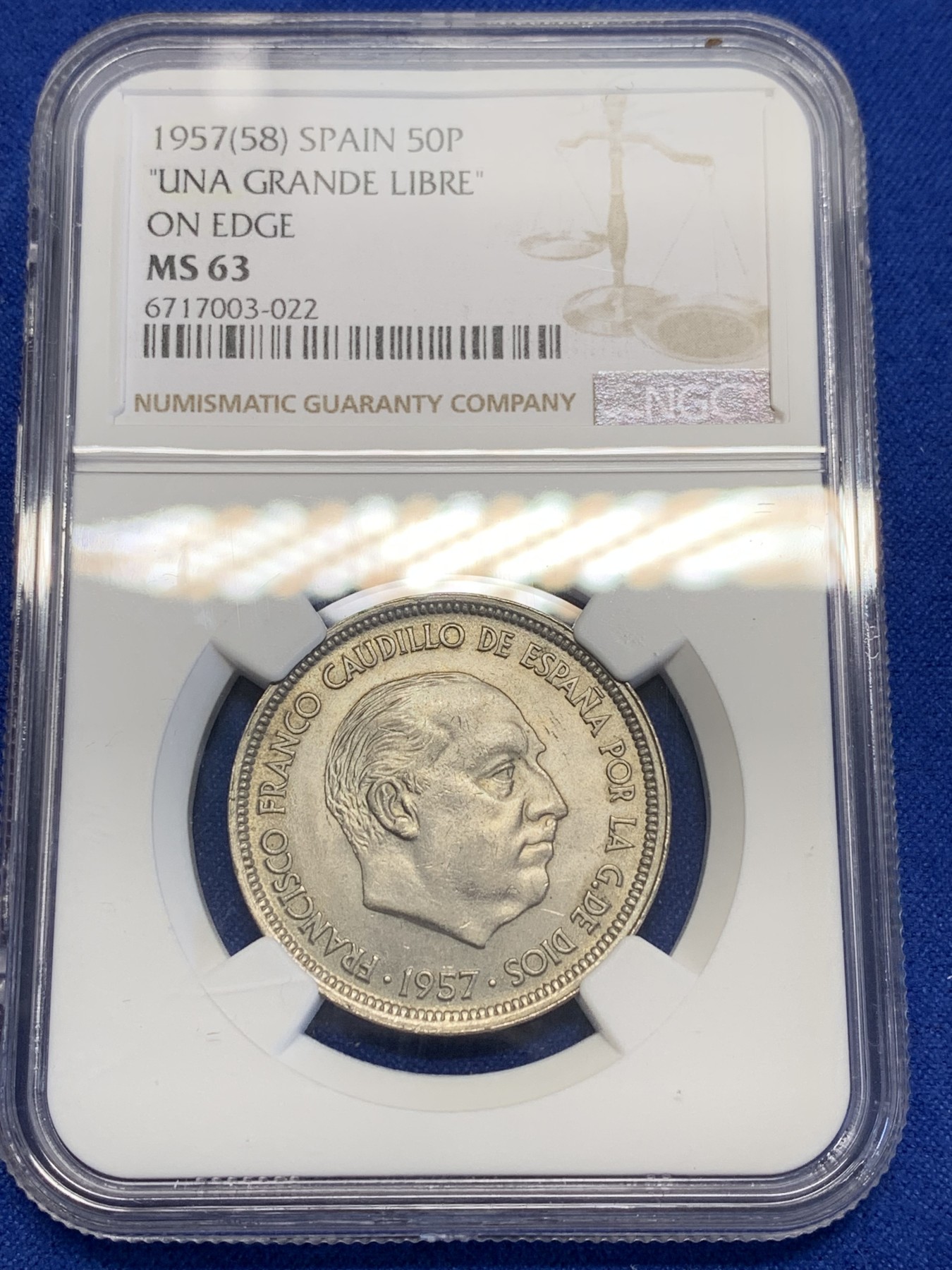 《竞宝斋》第201场-周日，周一 2场 (全场包邮) NGC MS63 西班牙 1957(58) 独裁者 50比塞塔 