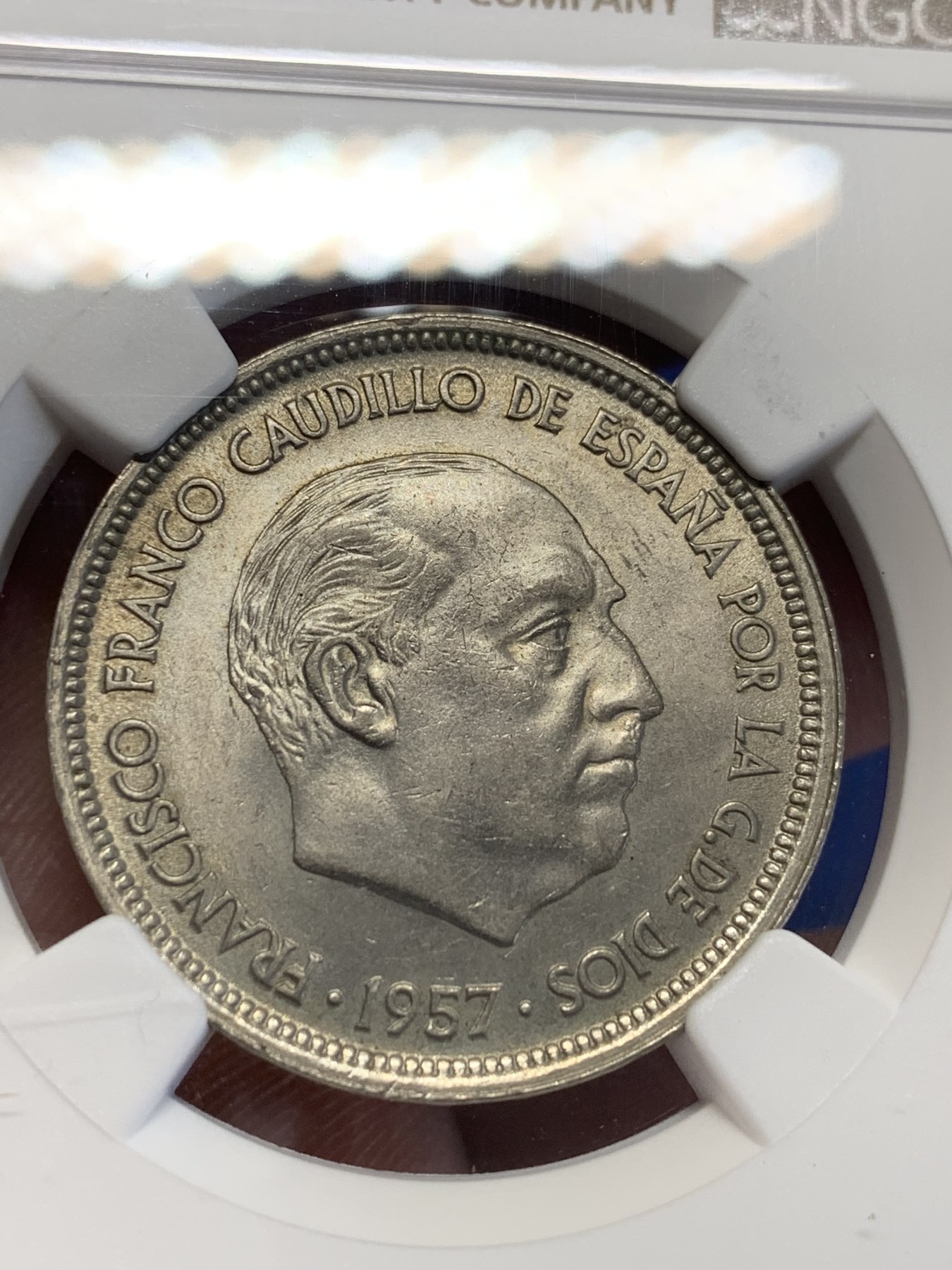 《竞宝斋》第201场-周日，周一 2场 (全场包邮) NGC MS63 西班牙 1957(58) 独裁者 50比塞塔 