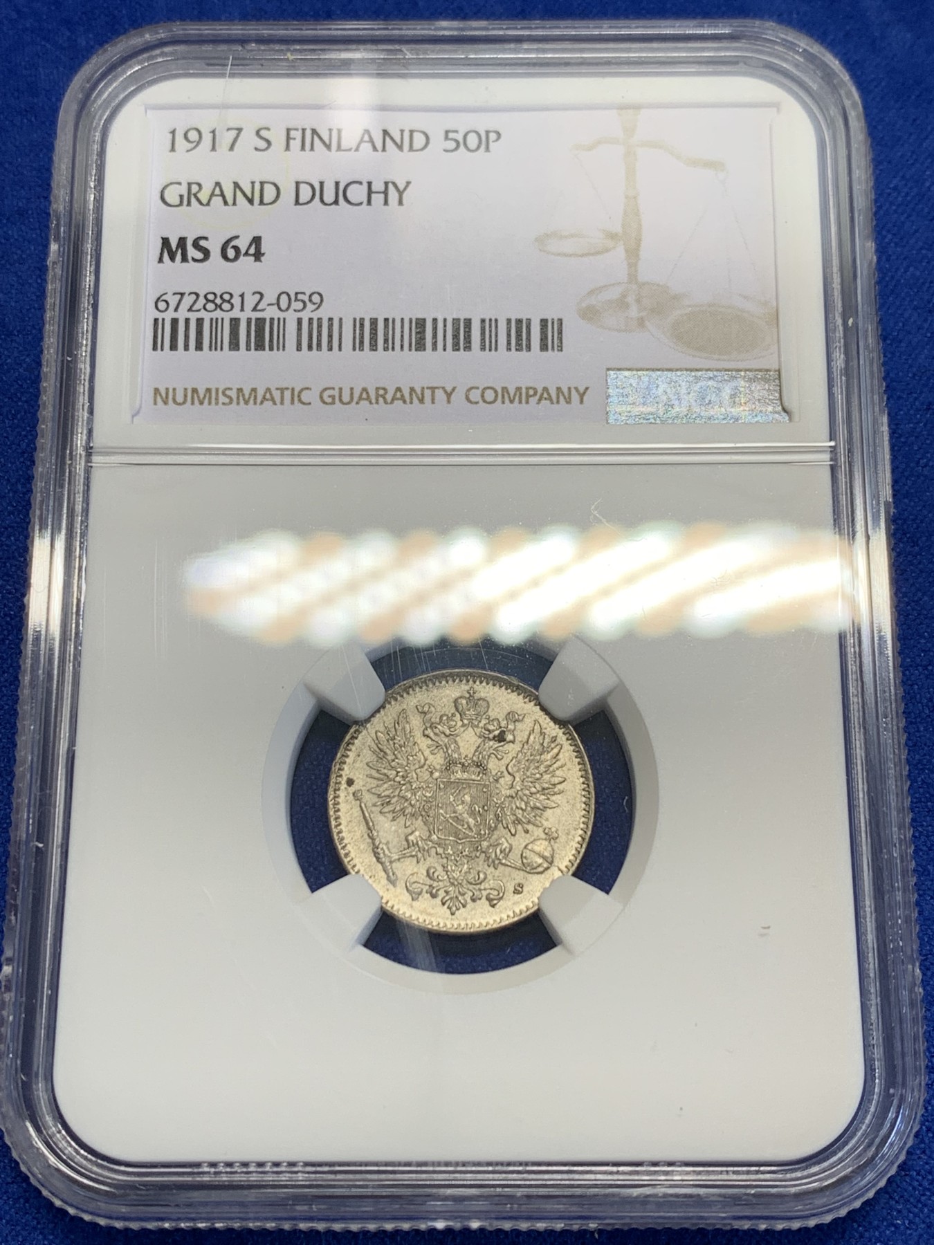 《竞宝斋》第201场-周日，周一 2场 (全场包邮) NGC MS64 俄占 芬兰 1917年50芬尼银币 高分品种