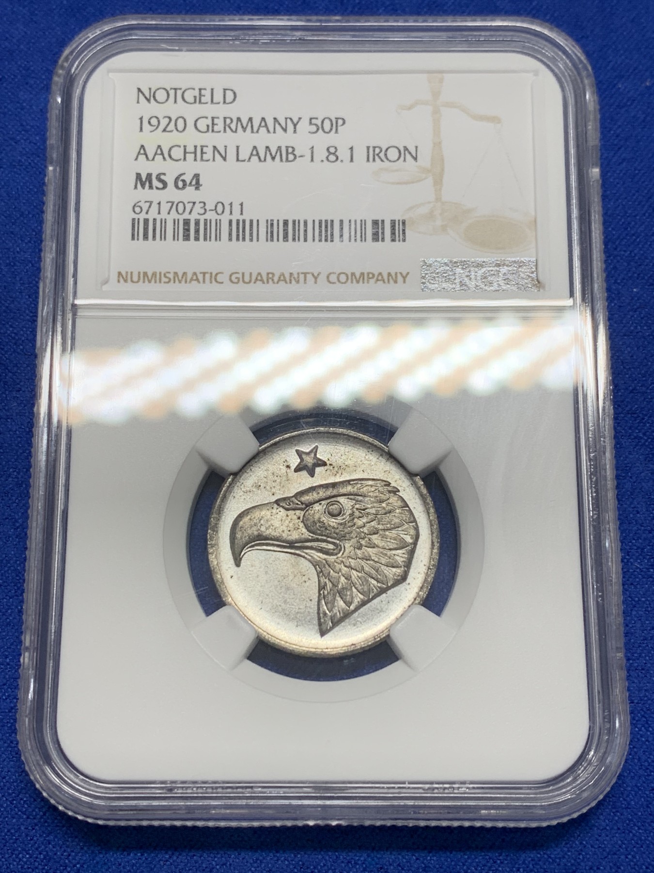 《竞宝斋》第201场-周日，周一 2场 (全场包邮) NGC MS64  1920年德国德紧亚琛鹰头50芬尼铁币 顶级品相状态 十分难得！