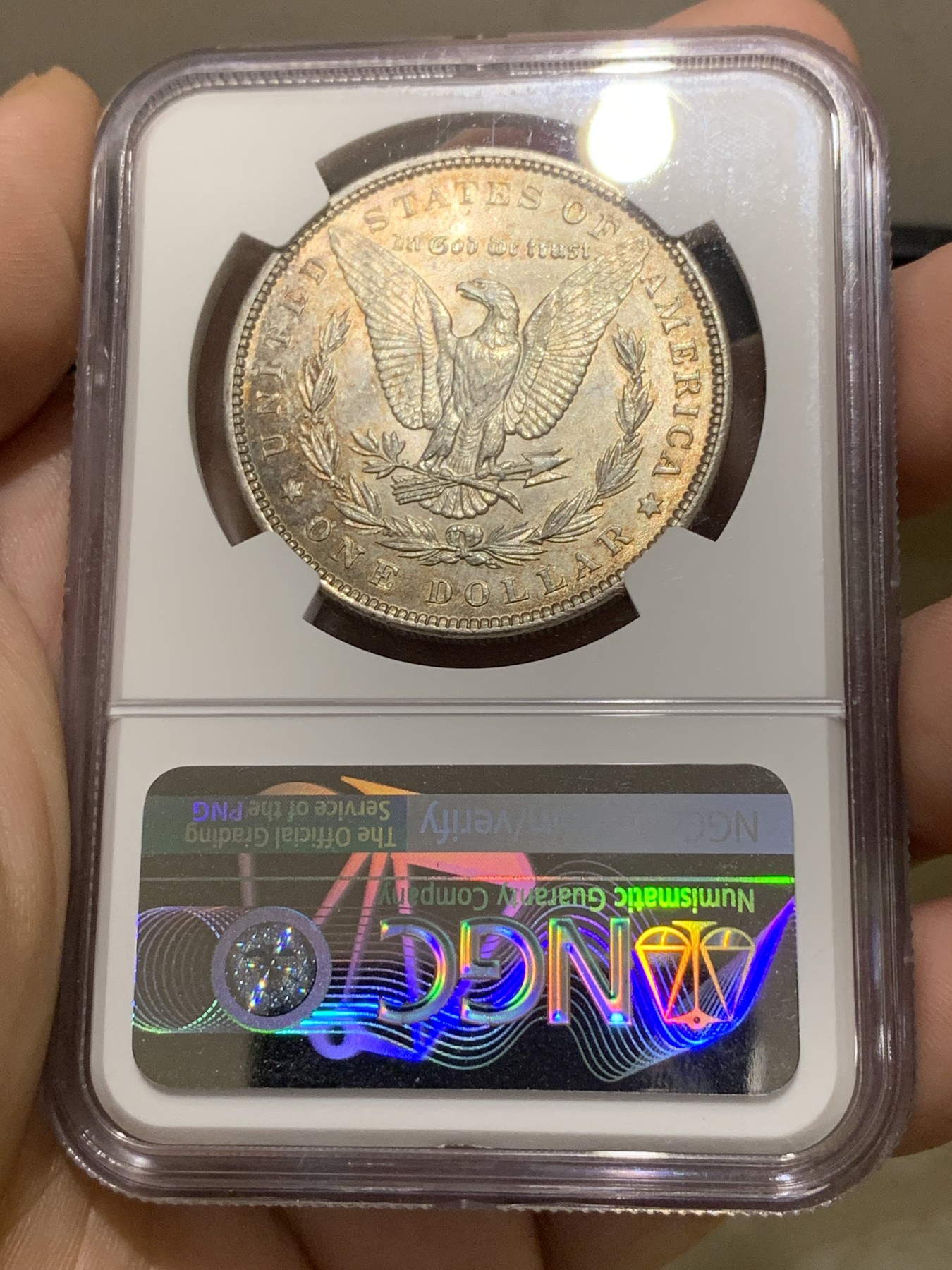 《竞宝斋》第201场-周日，周一 2场 (全场包邮) NGC-MS63 美国1889年摩根银币 五彩转光好状态