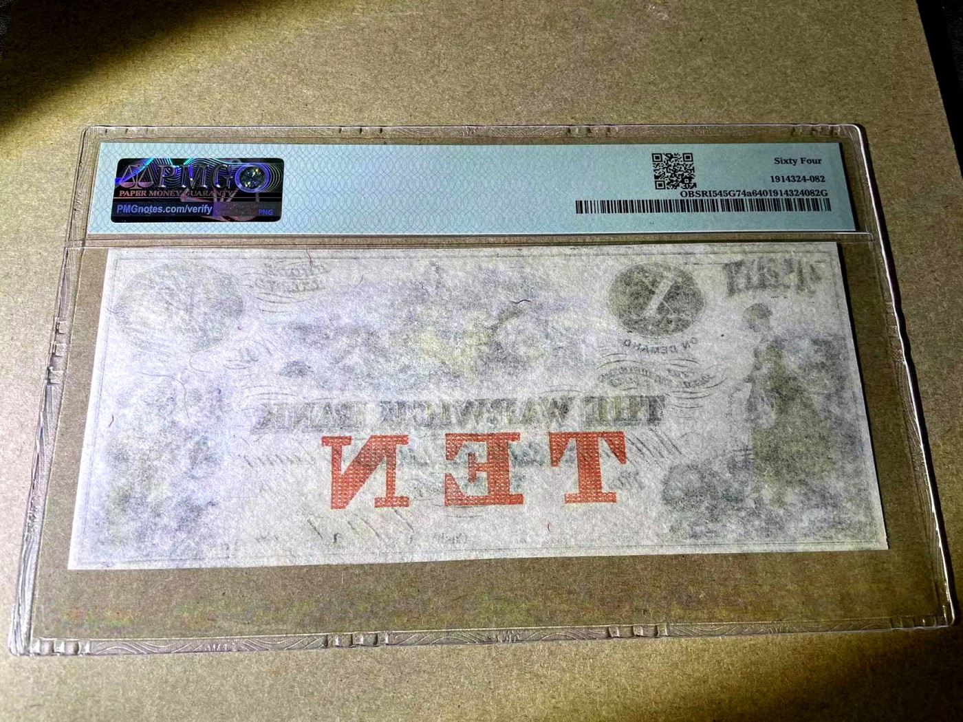 【Blue Auction】✨世界纸币精拍第375期【精】 【少见品种 田园风精美 带签名】美国 罗德岛 1858年10美金 设计非常耐看唯美 PMG64 全新品相 