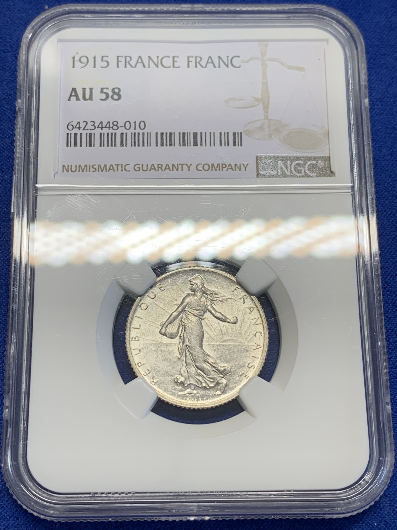 《竞宝斋》第201场-周日，周一 2场 (全场包邮) NGC AU58  1915年 法国播种1法郎银币