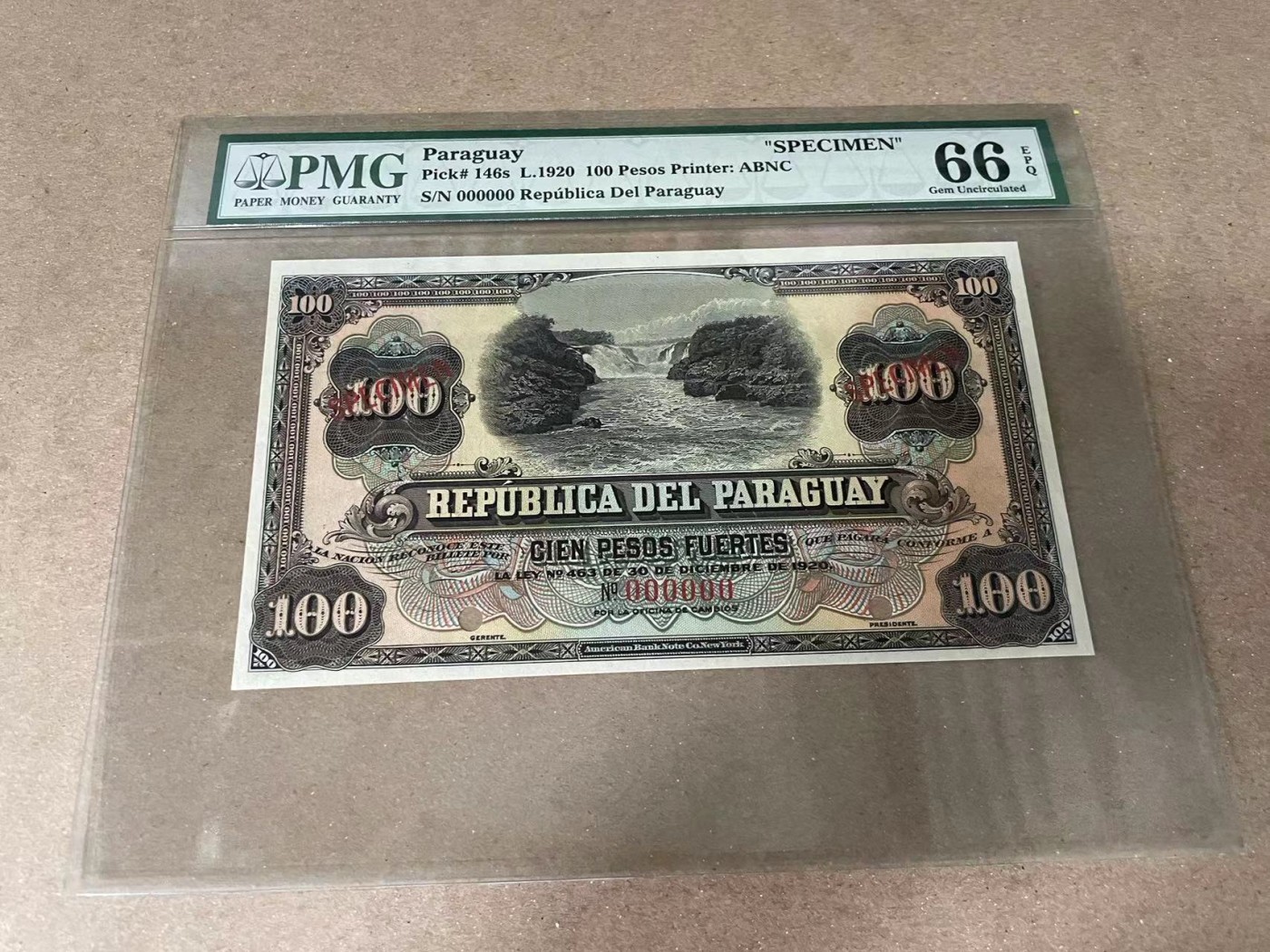 【Blue Auction】✨世界纸币精拍第375期【精】  巴拉圭 1920年100比索 PMG66EPQ 样钞 风景唯美 设计精巧