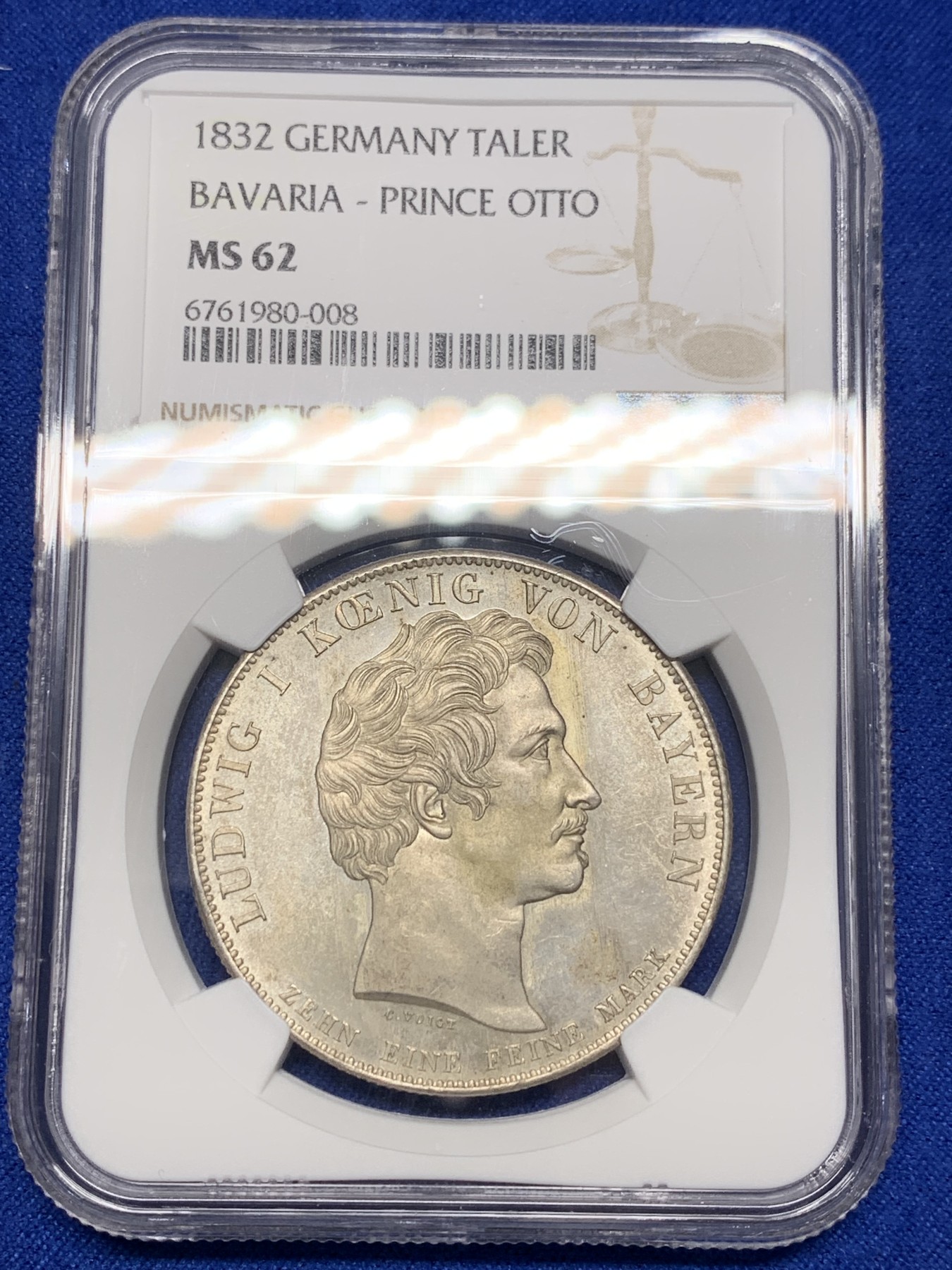 《竞宝斋》第201场-周日，周一 2场 (全场包邮) NGC MS62 德国 巴伐利亚 1832 路德维希一世 希腊国王 加冕纪念 协议泰勒大银币 非常少见的品种
