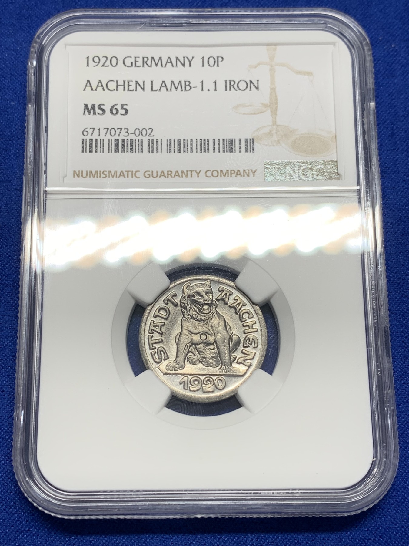 《竞宝斋》第201场-周日，周一 2场 (全场包邮) NGC MS65  1920年德国德紧亚琛无心狼10芬尼铁币 顶级品相状态 冠军分！
