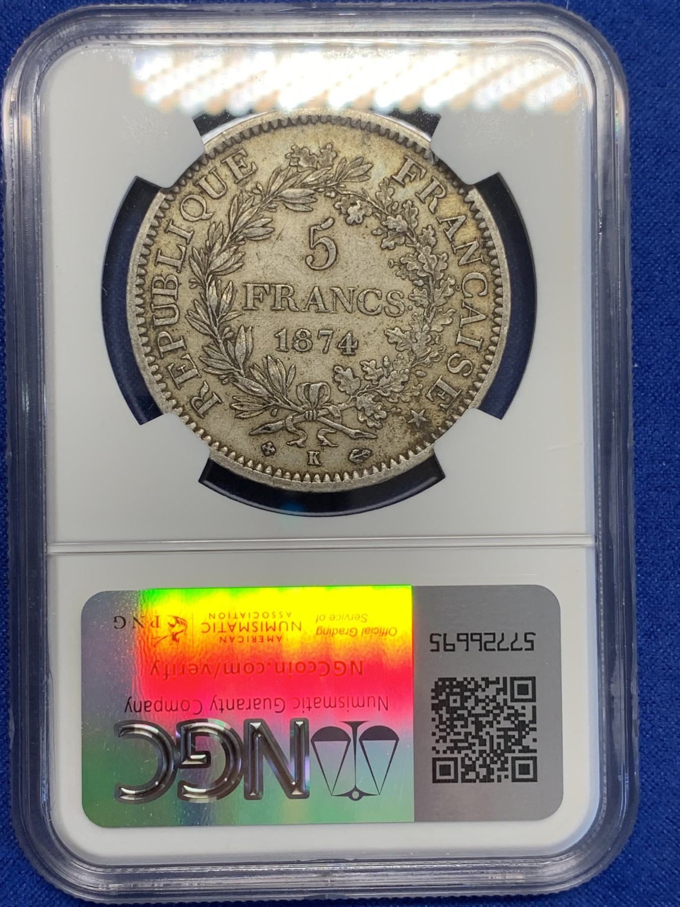 《竞宝斋》第201场-周日，周一 2场 (全场包邮) NGC AU50 法国 1874 K版 大力神 5法郎银币 原味包浆 状态不错