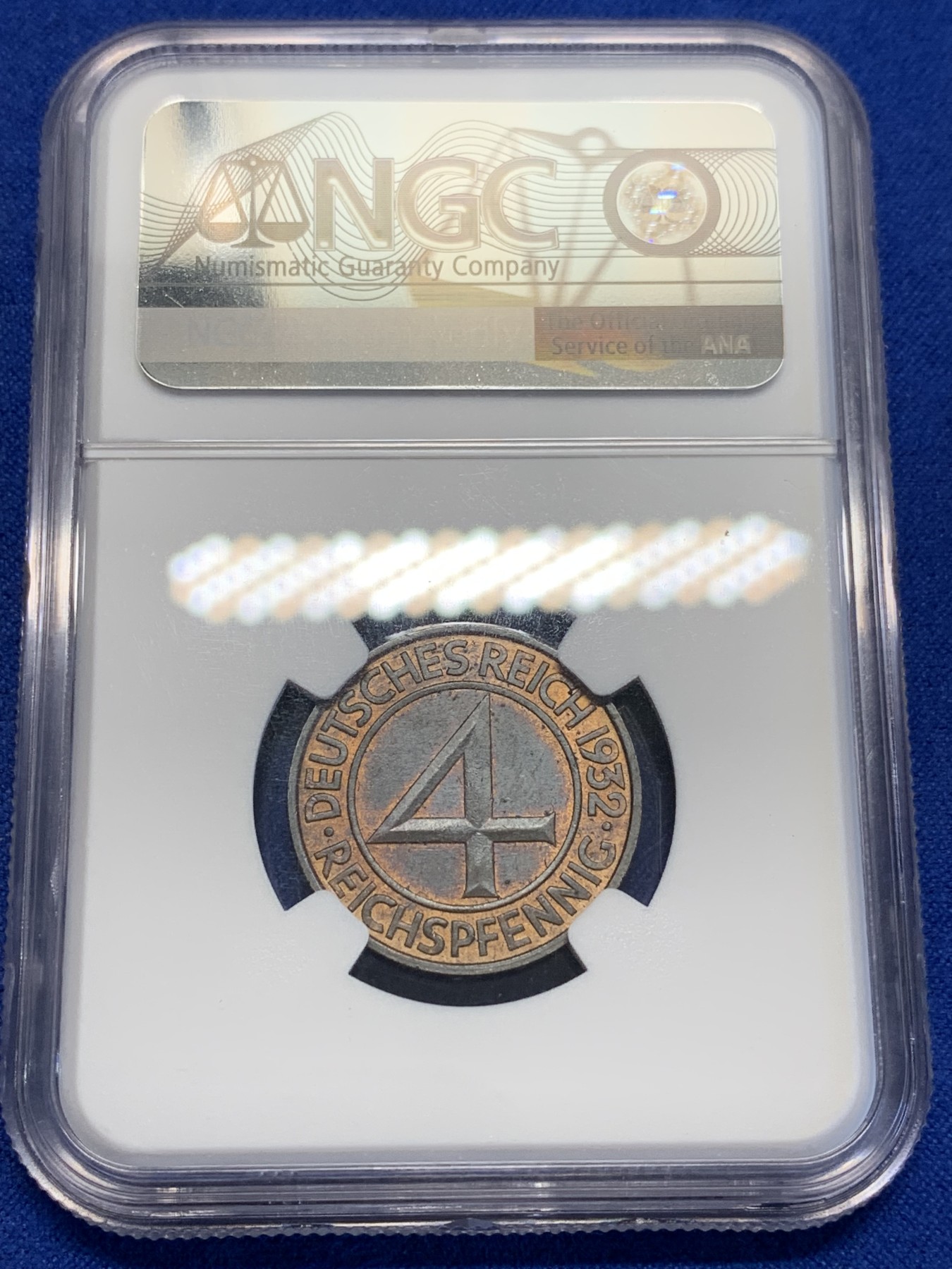 《竞宝斋》第201场-周日，周一 2场 (全场包邮) NGC-MS62BN 德国魏玛共和国 1932年A厂 4芬尼 铜币 略低评