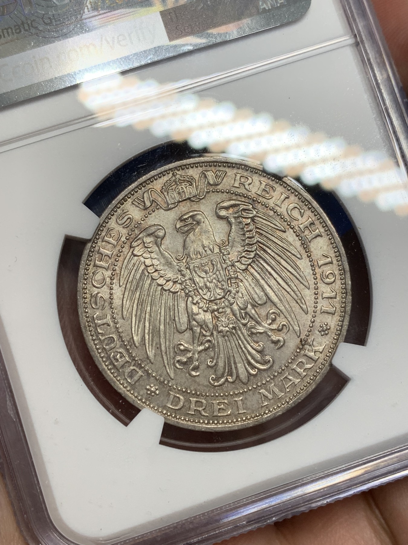 《竞宝斋》第201场-周日，周一 2场 (全场包邮) NGC-MS64 德国普鲁士 1911年 布雷斯劳大学 3马克银币 BU品质