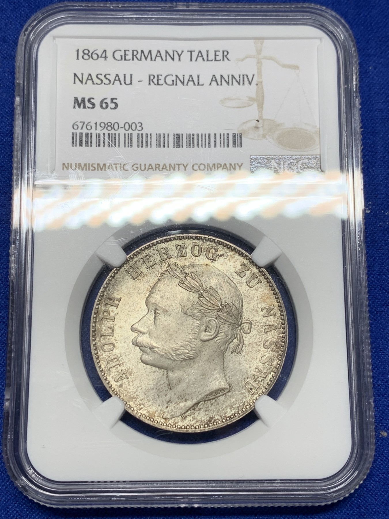 《竞宝斋》第201场-周日，周一 2场 (全场包邮) NGC MS65 德国 拿骚 1864年1泰勒 极其富有特色且少见品种 MS65高分状态太难得